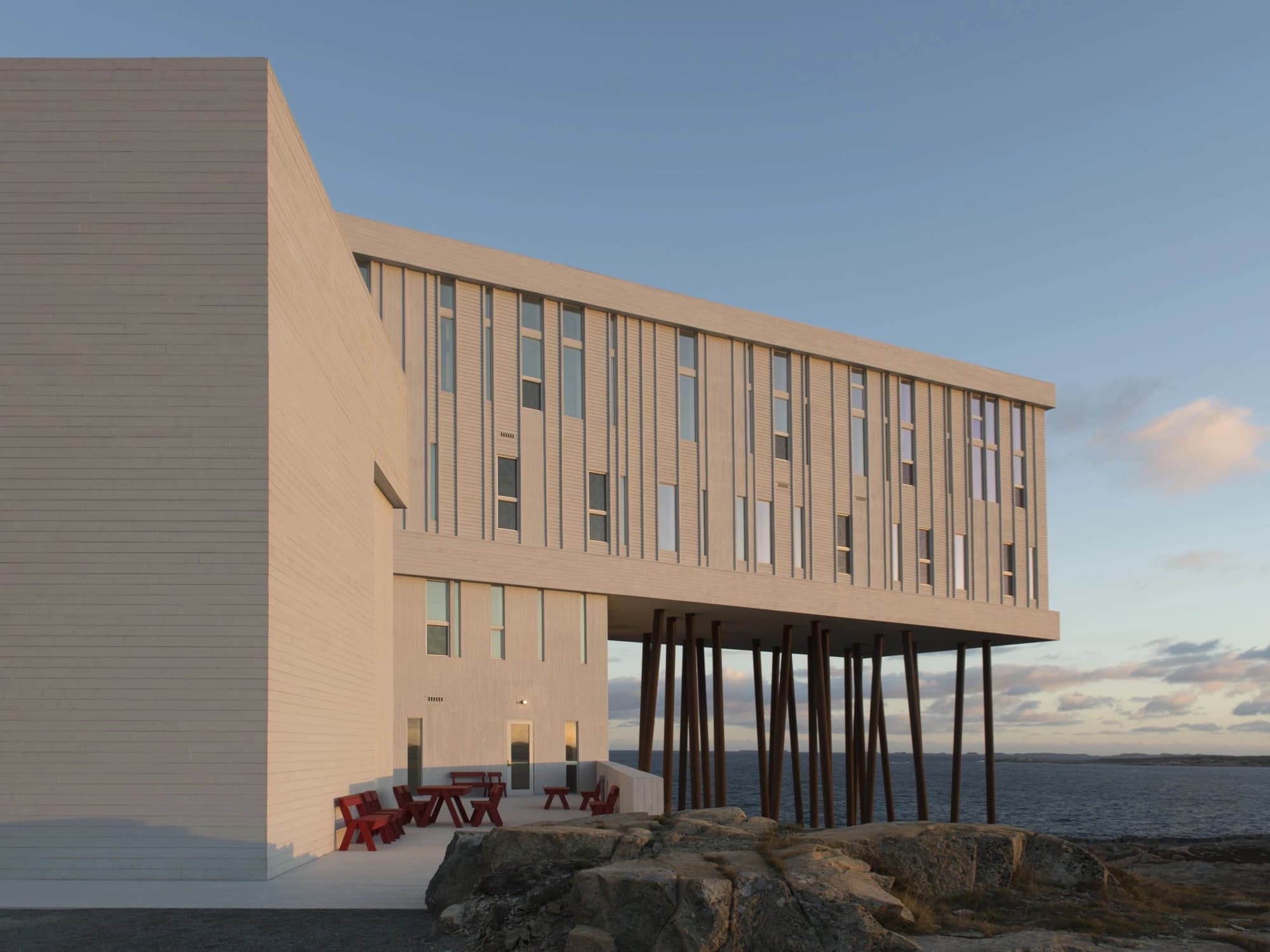 Fogo Island Inn at dusk.