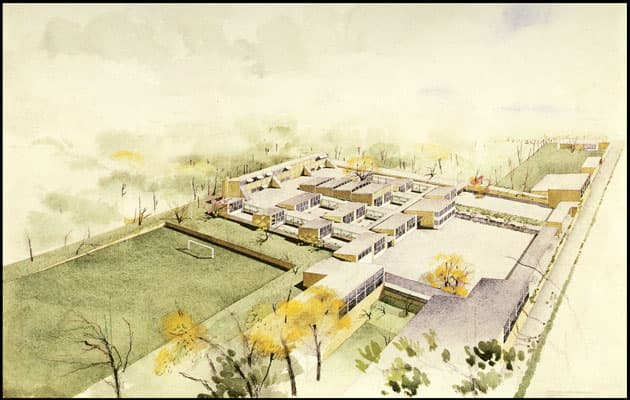 Munkegårdsskolen Akvarel malet af Arne Jacobsen