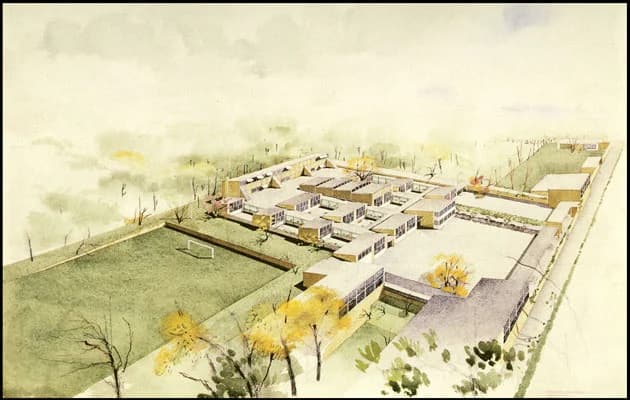 Munkegårdsskolen Akvarel malet af Arne Jacobsen