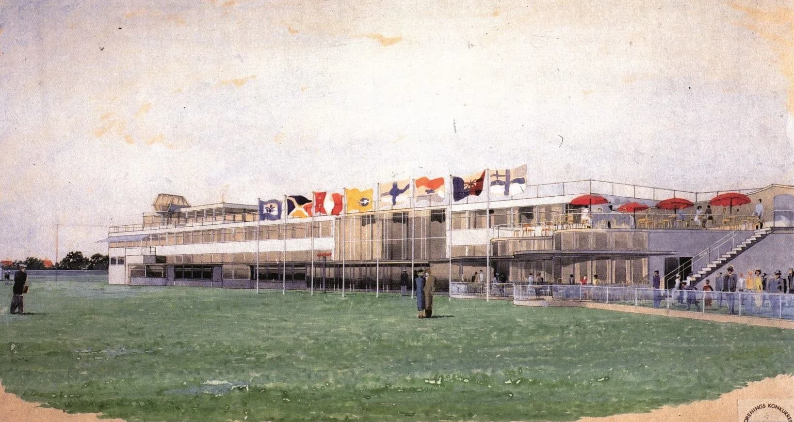 Gammelt akvarelmaleri af Vilhelm Lauritzen Terminalen i Københavns Lufthavn