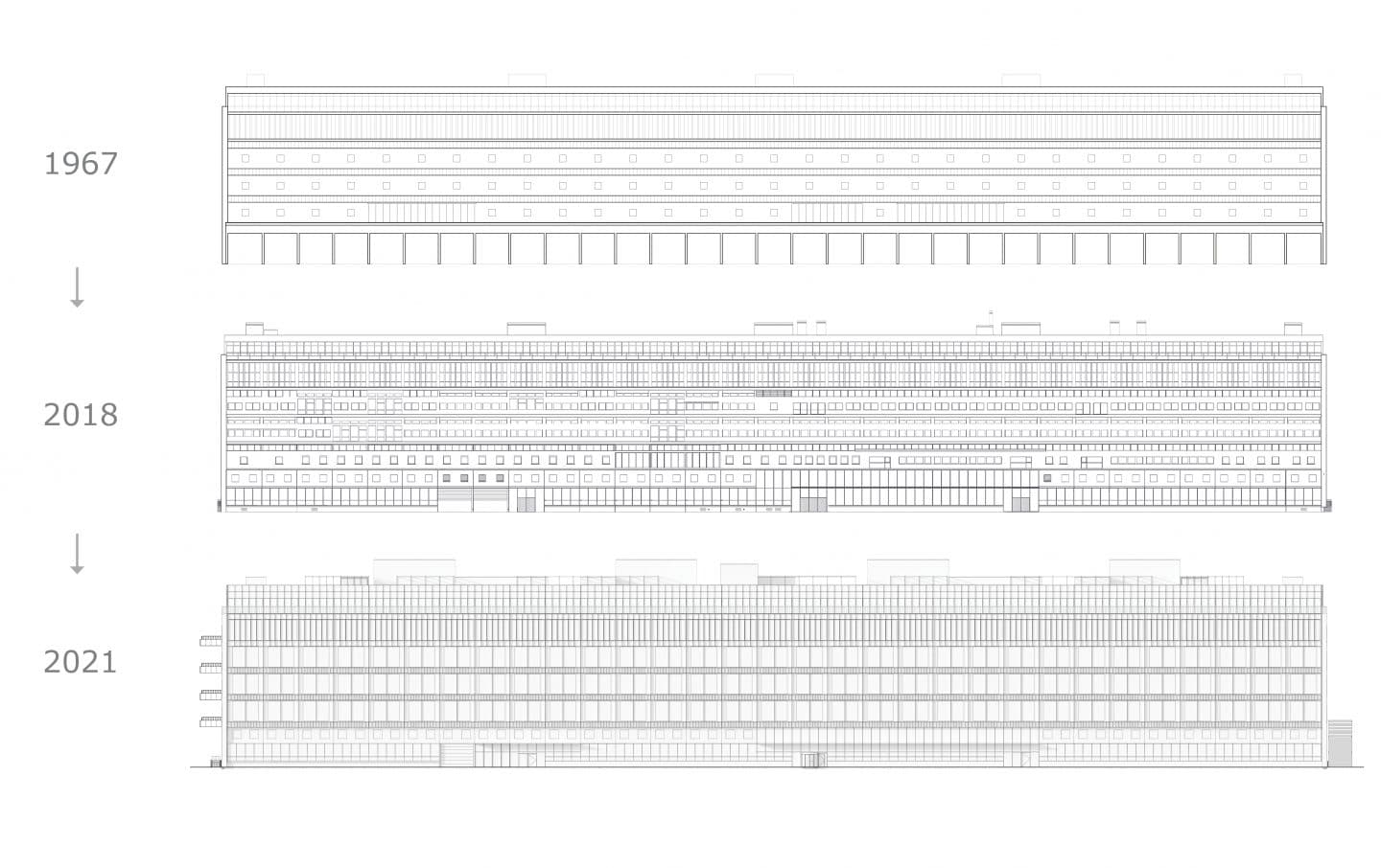 Tegninger af bygningen på Kalvebod Brygge 32, før og efter.