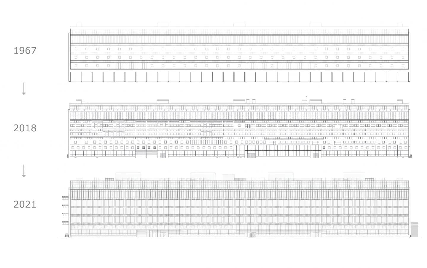 Tegninger af bygningen på Kalvebod Brygge 32, før og efter.