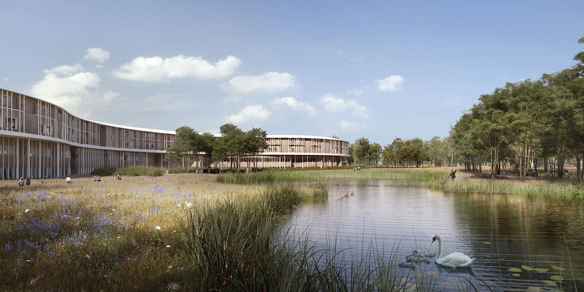 Nyt Hospital Nordsjælland med udsigt til en sø, skitse