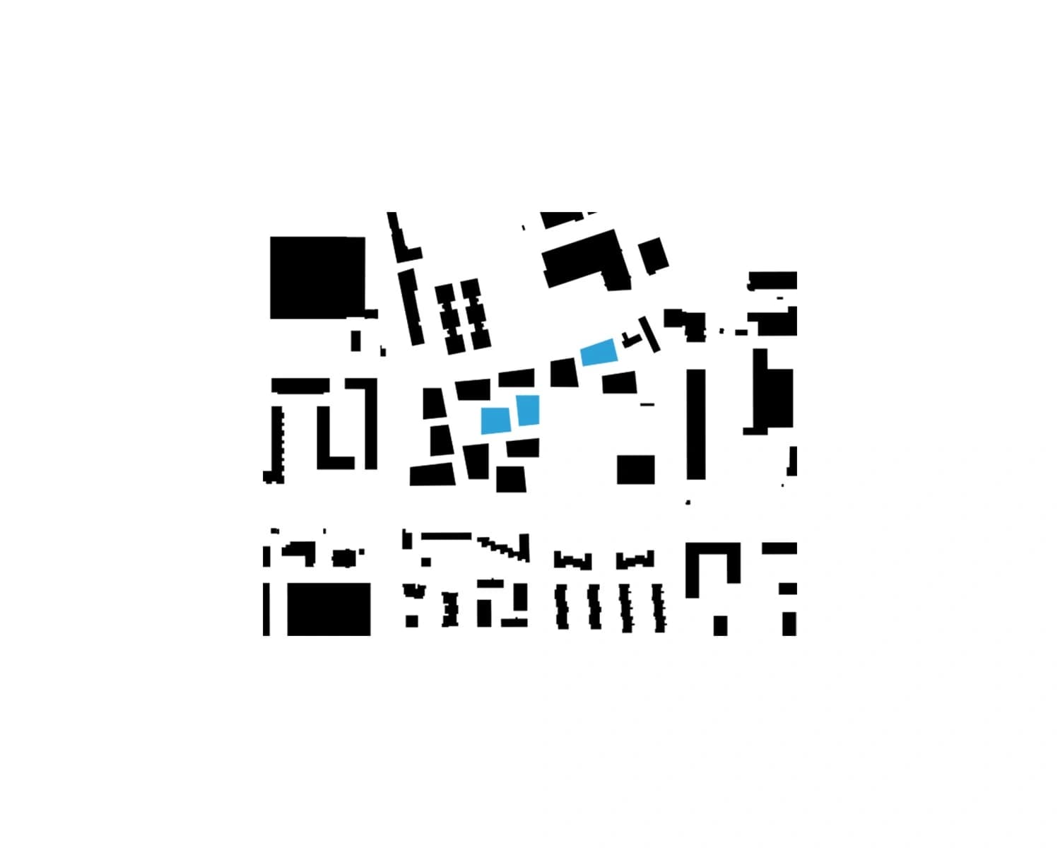 This site plan demonstrates the intentionally fragmented built pattern that defines the development. The three buildings shown in blue were designed by Pool Architekten.