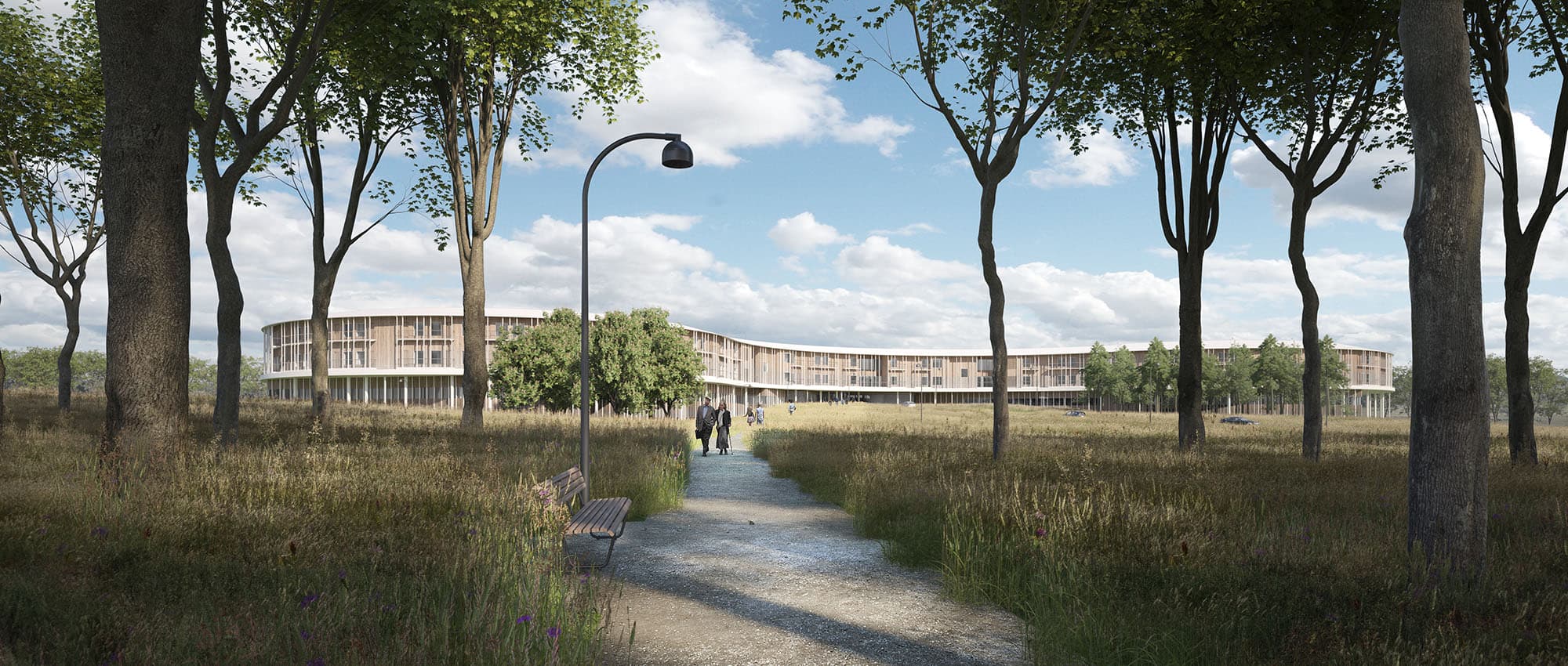 Nyt Hospital Nordsjælland set gennem skoven, skitse