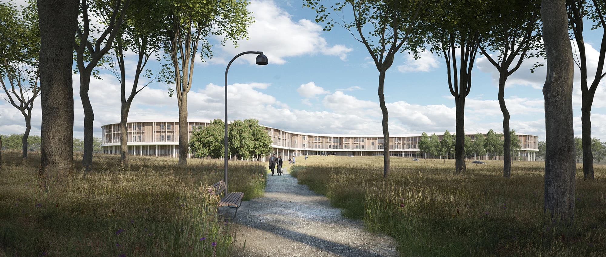 Nyt Hospital Nordsjælland set gennem skoven, skitse