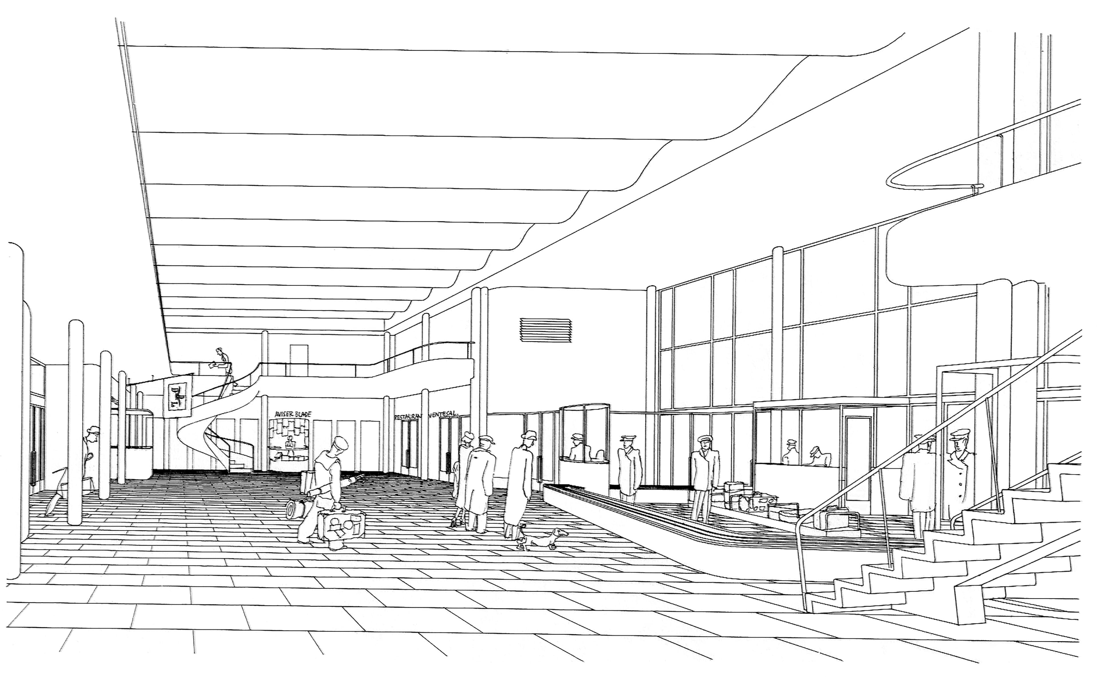 Skitse af afgangshallen i Vilhelm Lauritzen Terminalen.