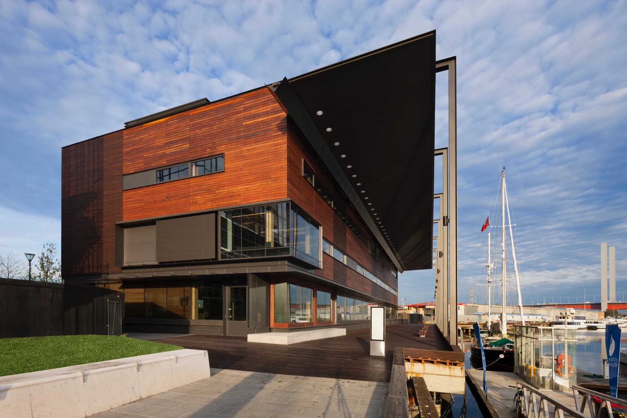 The Library at the Dock maintains a modest and approachable scale on the waterfront.