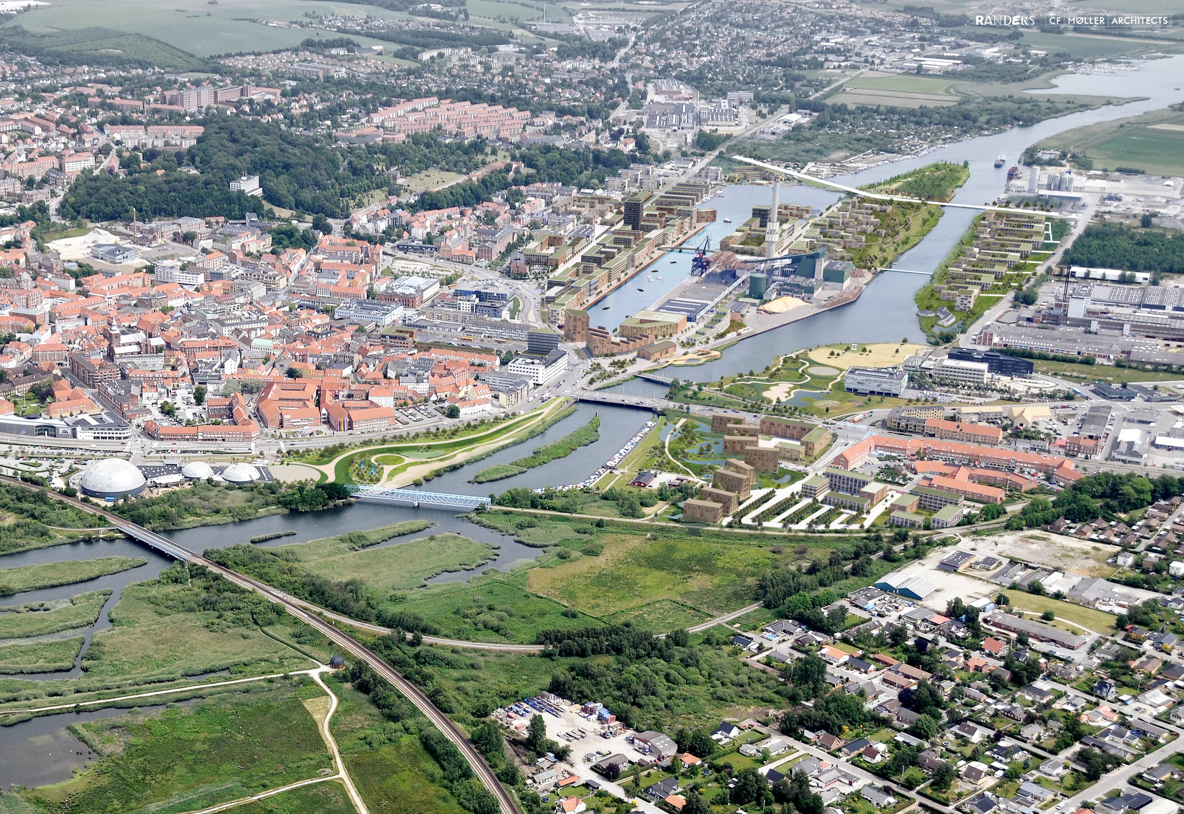 Flodbyen Randers set fra luften scenarie A