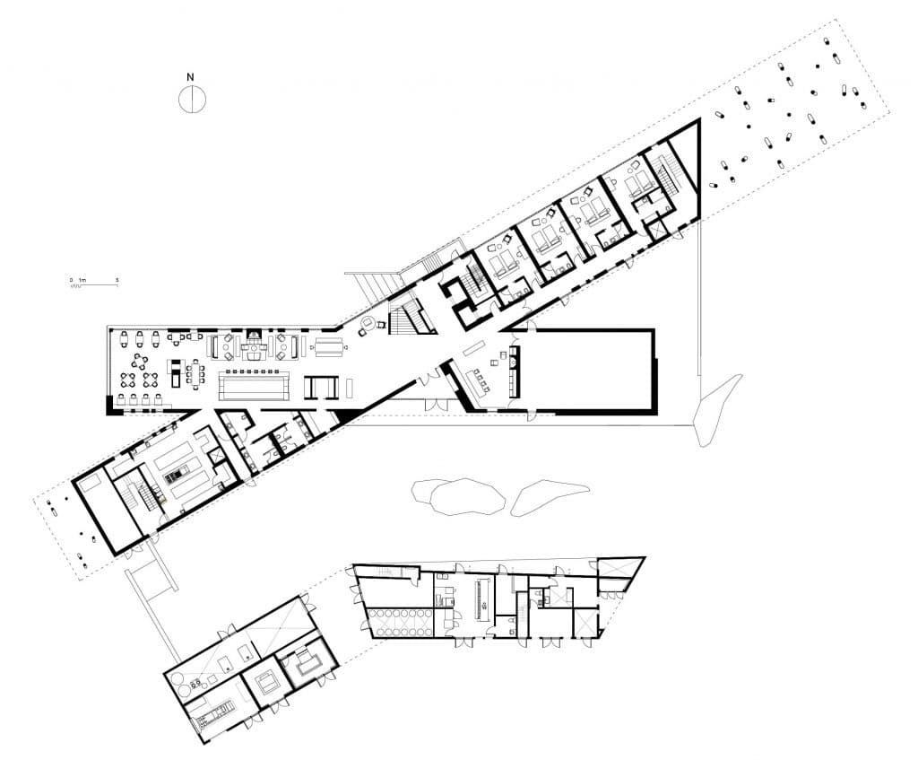 The first floor plan shows the two intersecting volumes that form the Fogo Island Inn.
