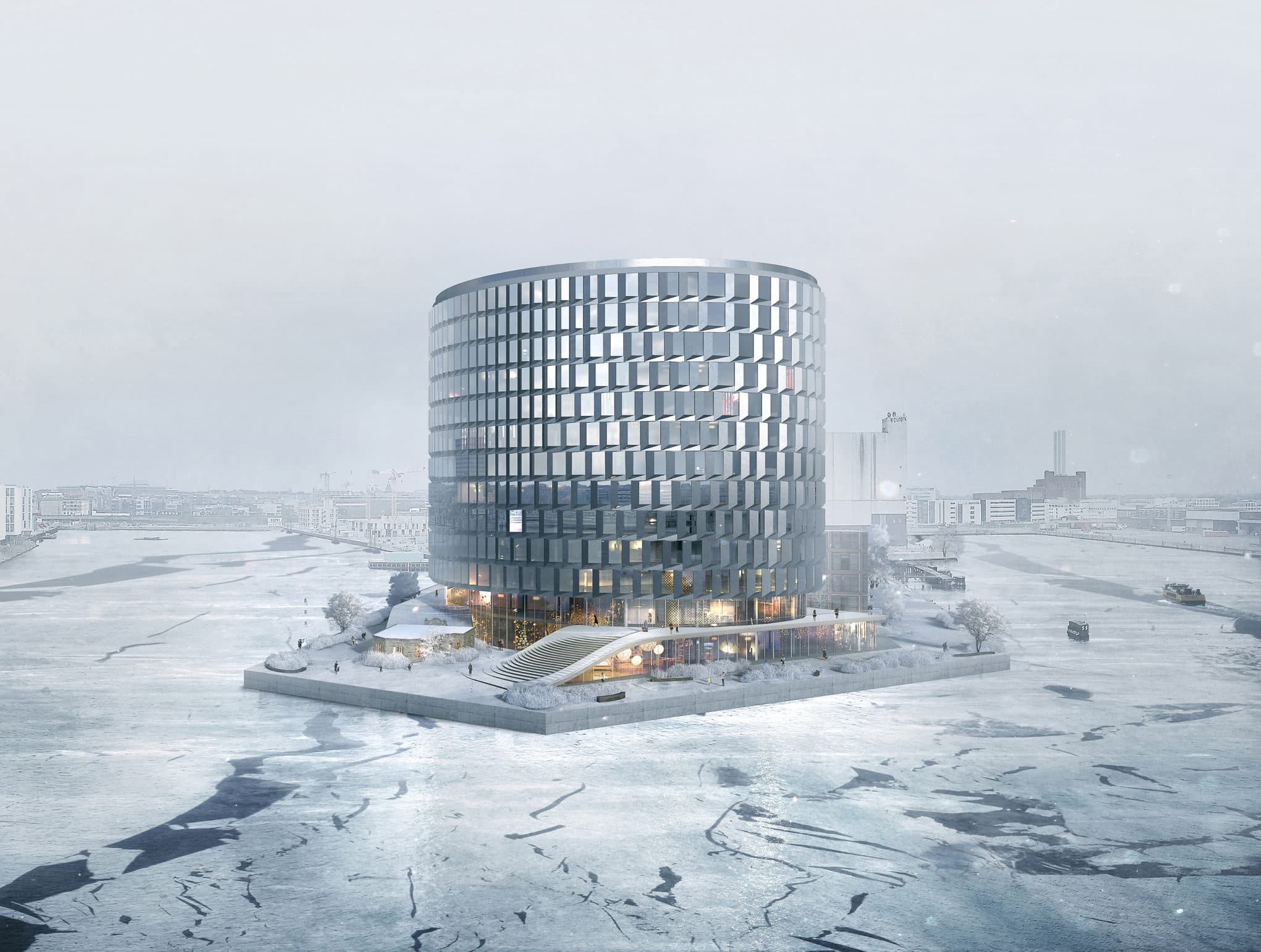 Tegning af den færdige bygning, Spidsen af Nordø i Nordhavn set fra havnesiden