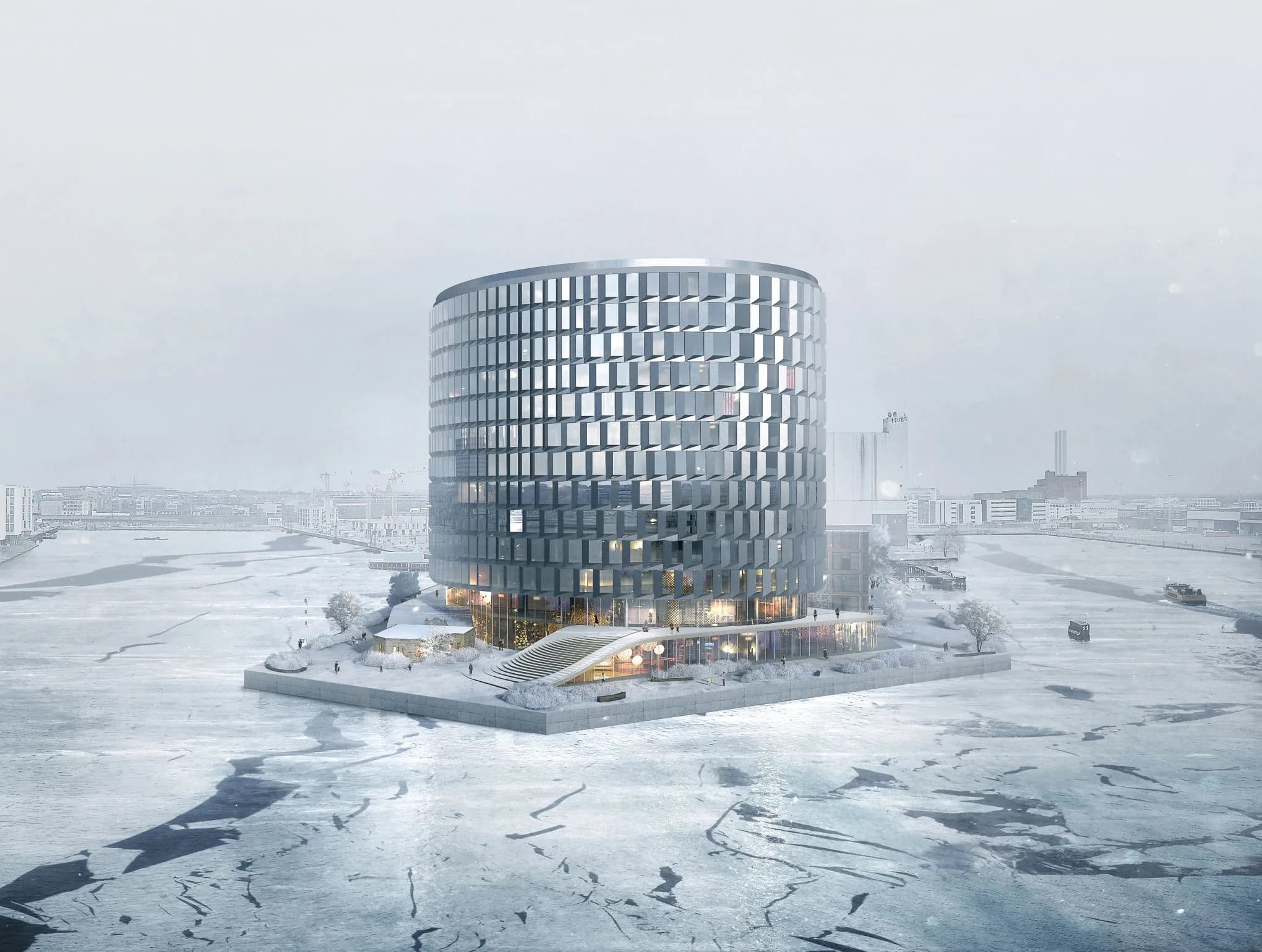 Tegning af den færdige bygning, Spidsen af Nordø i Nordhavn set fra havnesiden